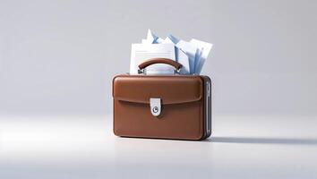 Elegant brown briefcase with documents on a neutral background showcasing a professional working environment photo