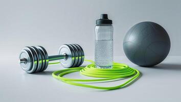 Fitness equipment arranged on a minimalist surface including weights, bottle, and a ball for an efficient workout environment photo