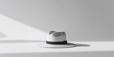 Elegant white hat placed on a surface with dramatic shadows, showcasing minimalist design in bright lighting photo