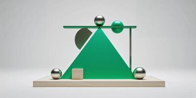 Modern geometric composition featuring shapes and reflective spheres in a minimalist setting photo