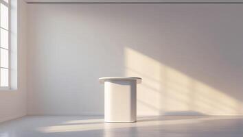 Minimalist display area with soft sunlight highlighting a simple white podium in an empty studio space photo