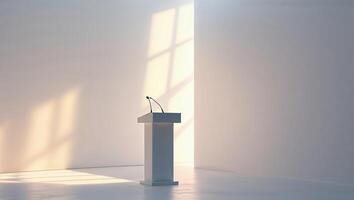 Podium illuminated by natural light in a minimalist space during a daytime event photo