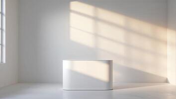 Minimalist white podium in a bright, sunlit room with soft shadows creating an elegant atmosphere photo