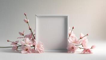 Blank frame surrounded by delicate pink cherry blossoms on a soft, light background photo
