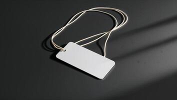 Blank tag hanging on a string with a minimalist design on a dark surface photo