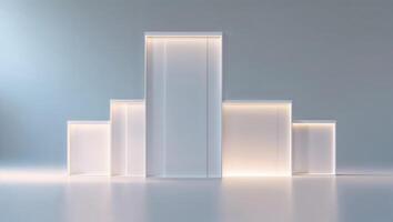 Modern minimalist display stands illuminated with soft lighting in a serene studio setting photo