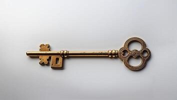 Vintage key with ornate design and symbolic character resting on a smooth surface photo