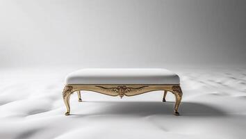 Elegant vintage ottoman rests on smooth white surface in a minimalist setting at midday photo