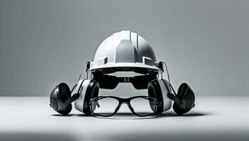 Safety equipment arranged neatly on a smooth surface for construction or industrial use photo