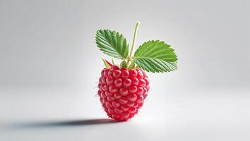 Fresh raspberry with green leaves highlighted against a simple background showcasing its vibrant color and texture photo