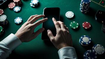 Engaging in mobile gaming with poker chips on a green felt table during a late-night session photo