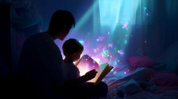 Father and child share a magical bedtime story in a cozy room illuminated by ethereal light photo