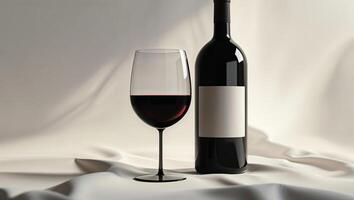 Elegant red wine glass and bottle displayed on smooth white fabric in a dimly lit setting photo