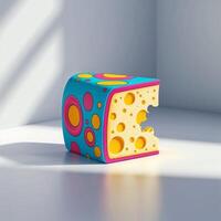 Colorful cheese block with playful design resting on a surface in bright light photo