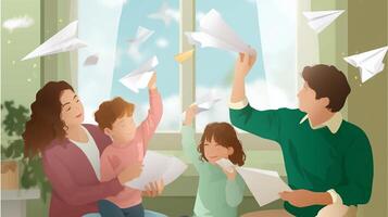 Family enjoys indoor activity making paper airplanes together on a sunny day photo