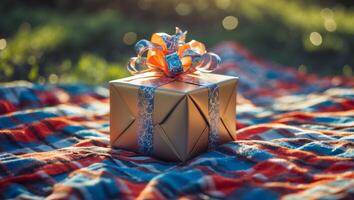 Gift wrapped in shiny paper placed on a colorful picnic blanket in a sunny outdoor setting photo