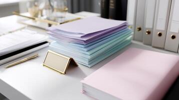 Office workspace with organized pastel folders and paperwork on a desk during daytime work hours photo