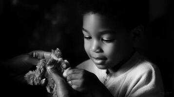 Child gently holds stuffed animal while an adult assists in tender moment captured indoors during daylight photo