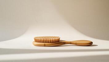 Bamboo hairbrush placed on a soft surface with natural light highlighting its design and texture in a serene indoor setting photo