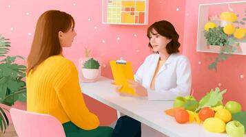 Woman consulting with a nutritionist in a colorful and bright office surrounded by fresh fruits and vegetables photo