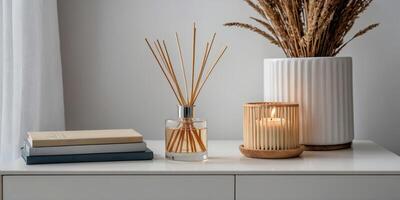 Elegant home decor setup with diffuser and candles on a white side table illuminated by soft light photo