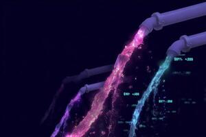 Colorful flowing water streams illuminated by digital data create a mesmerizing visual effect in an abstract setting photo