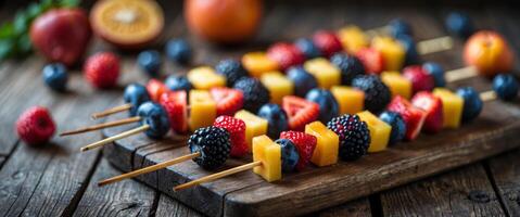 Colorful fruit skewers arranged on a rustic wooden board ready for a summer picnic or outdoor gathering photo