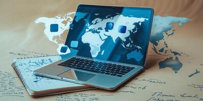 Exploring digital connections through a laptop on a desk with world map and notes in the background photo
