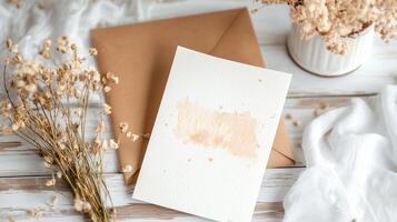 Elegant handmade card surrounded by dried flowers and an envelope on a rustic wooden table photo