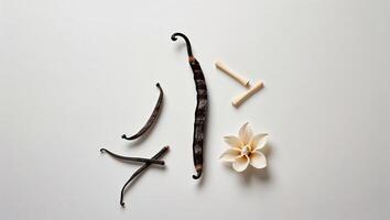 Vanilla beans and flower arrangement on a neutral background showcasing natural ingredients for culinary use photo