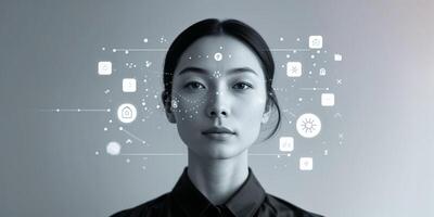 Woman with digital icons and graphics on her face in a minimalist setting, showcasing technology and innovation photo