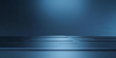 Close-up view of a sleek surface illuminated by soft blue light in a minimalistic setting, highlighting textures and lines photo