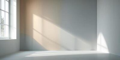 Bright sunlit interior showcasing empty minimalist room with soft shadows during afternoon light photo