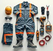 Safety gear and tools arranged neatly for construction work in a well-lit studio setting photo