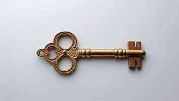 Vintage brass key resting on a clean surface showcasing its ornate design and historical significance photo