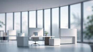 Modern office interior design with large windows creating a bright workspace during the day photo