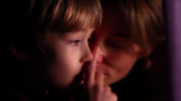 Child whispers secret to parent in intimate moment at home during evening time photo