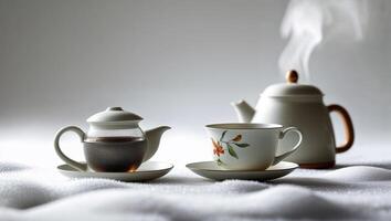 Elegant tea set on a soft surface with steaming pot and delicate cup, creating a serene atmosphere photo