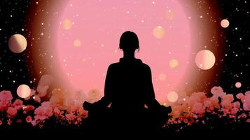 Silhouette of a person meditating against a dreamy cosmic backdrop with flowers and glowing orbs at twilight photo