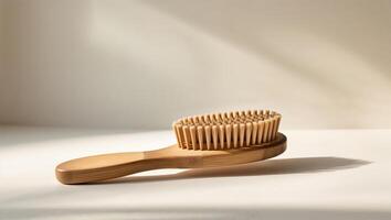 Bamboo hair brush rests on a light surface with soft shadows in the morning light photo