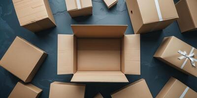 Boxes arranged on a dark surface with an empty box in the center during the afternoon photo