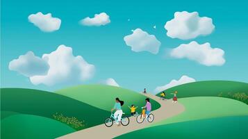Families enjoying a sunny day biking along a scenic path with green hills and fluffy clouds photo