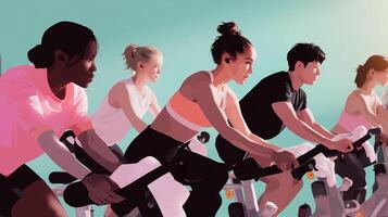 Fitness enthusiasts engaged in spinning class at a studio during morning session for health and community interaction photo