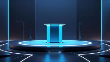 Illuminated stage with circular platform and blue lighting creating a futuristic ambiance for presentations and events photo
