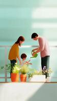 Family enjoys watering plants together on a sunny day at home in a nurturing garden activity photo