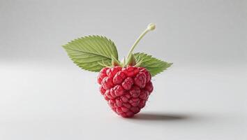 Fresh raspberry with leaves placed on a light surface showcasing its vibrant color and texture photo