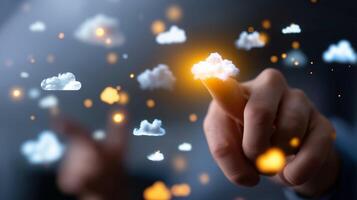 Creating digital concepts in the cloud with a person's fingertip in a modern workspace photo