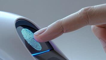 Finger pressing biometric scanner for secure access in modern technology setup photo