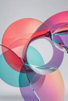 Colorful abstract sculpture with overlapping circular shapes displayed in an art gallery photo