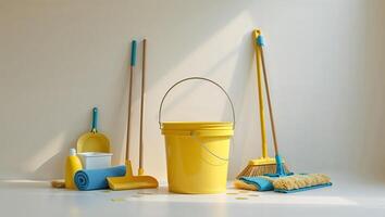 Cleaning supplies arranged neatly in a bright space with yellow and blue tools on display photo